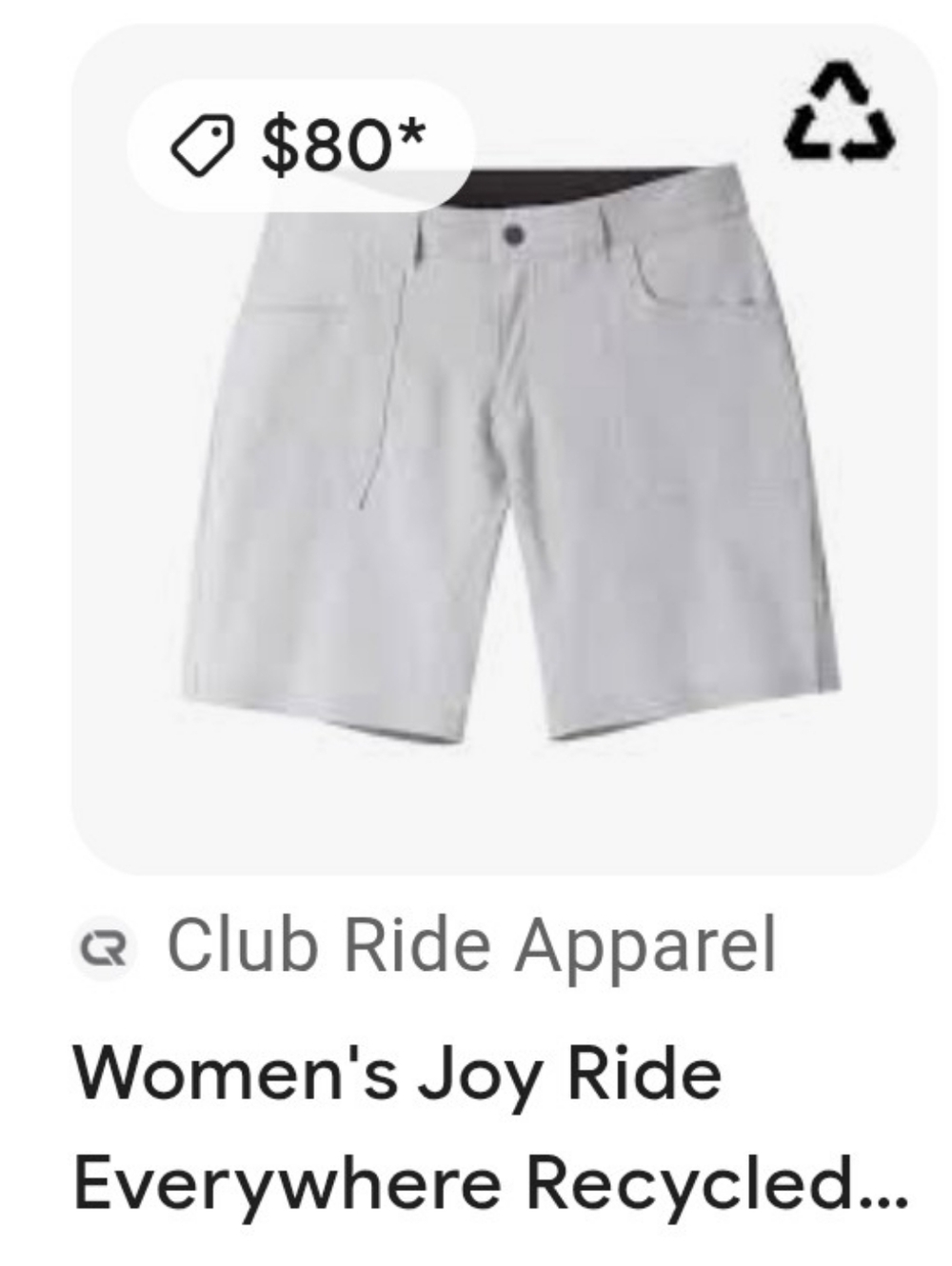 NWT Club Ride Women’s Riding Short Light Gray Size S.